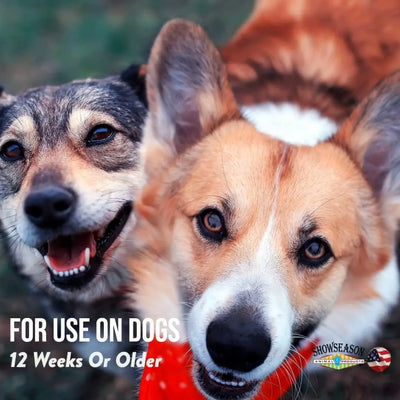 Two happy dogs, one with a red bandana, sit close together outdoors. Text: For dogs 12 weeks or older. Showseason logo in bottom right highlights cruelty-free ingredients in gentle Spring Rain Dog Cologne by Showseason.