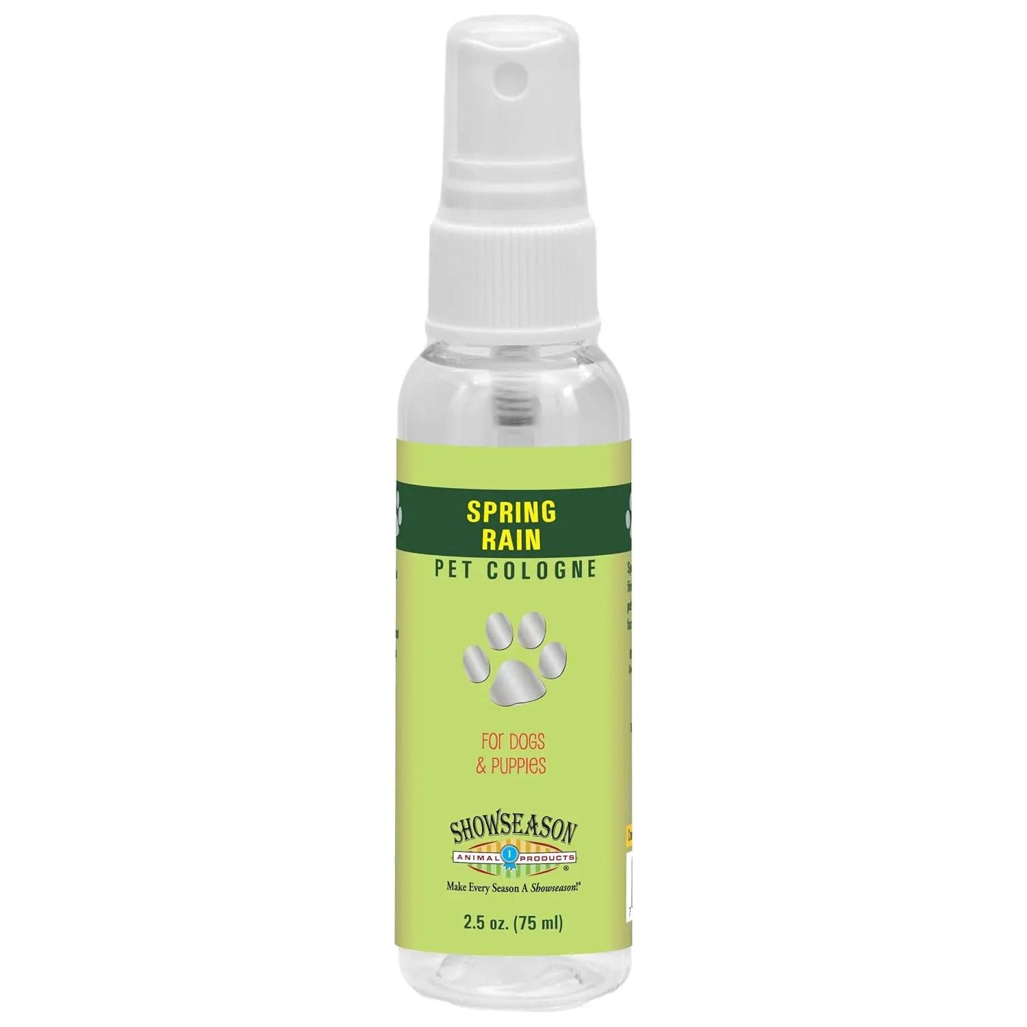 Showseason Spring Rain Dog Cologne by Showseason is a 2.5 oz (75 ml) fresh pet fragrance for dogs and puppies, made with cruelty-free ingredients. It comes with a green paw-print label and a clear spray cap.