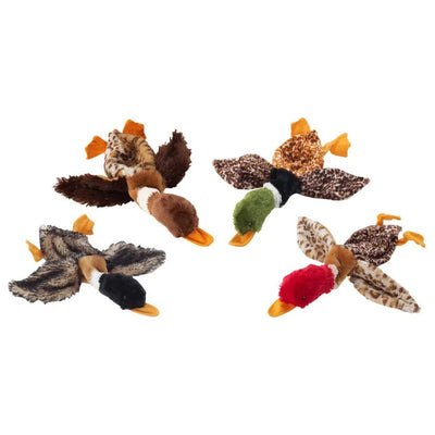 Four Spot Skinneeez Barnyard Series Dog Toy Mallard Ducks, each with patterned wings, orange beaks and feet, and heads in brown, green, black, or red, are shown on a white background in a charming stuffing-free design.