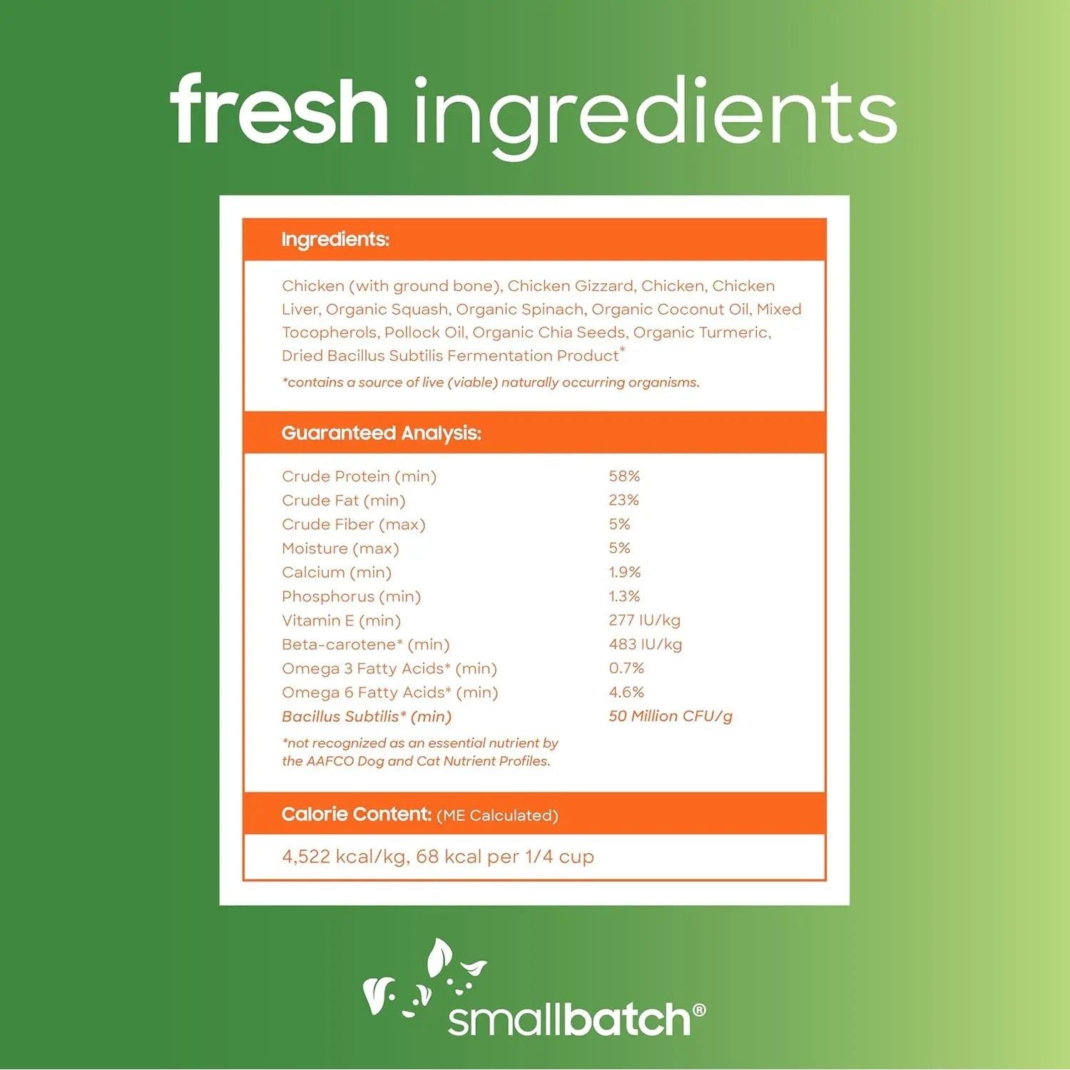 An ingredient and nutrition label for Smallbatch Super Booster Chicken SmallBites Freeze-Dried Dog & Cat Meal Topper & Treats 18oz, showing fresh ingredients, single-source chicken protein, analysis, and calories on green with the Smallbatch logo.