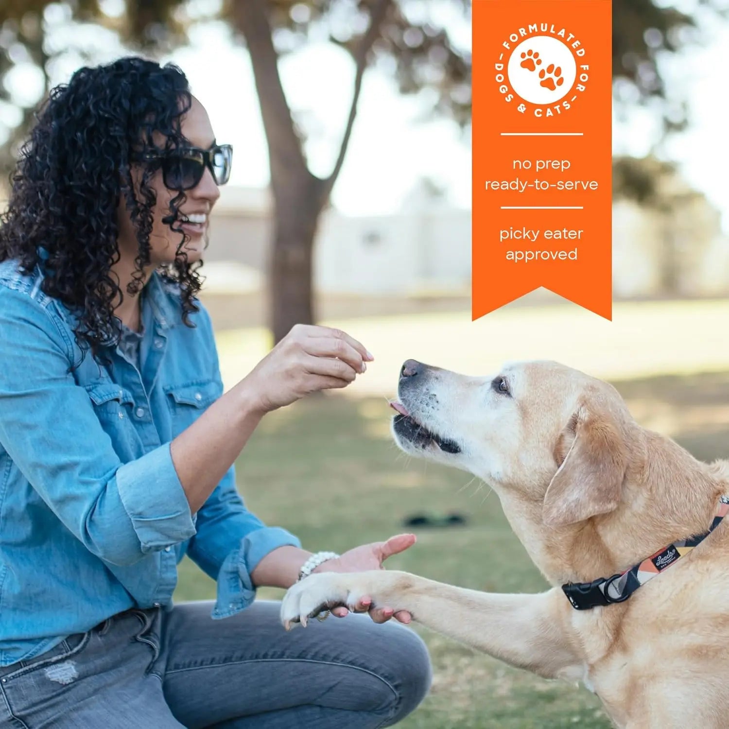 A woman in sunglasses kneels on grass, smiling as she gives a freeze-dried treat to a yellow Lab offering a paw. The orange label reads, “Smallbatch Super Booster Chicken SmallBites Meal Topper & Treats 18oz—ready-to-serve.”.
