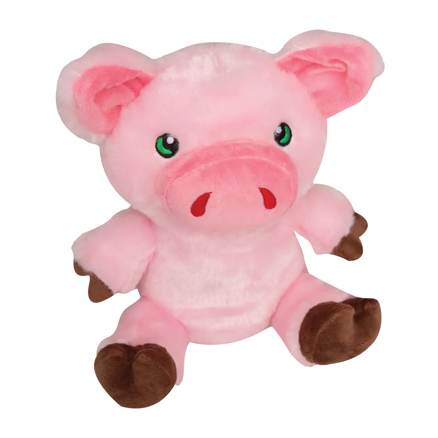 The SnugArooz Phat Pig Plush Squeaky Dog Toy features big green eyes, a round snout, brown hooves, floppy ears, and soft pink fur—perfect for cuddly playtime. This cute plush dog toy from SnugArooz sits upright for added charm.