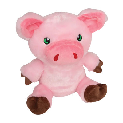 The SnugArooz Phat Pig Plush Squeaky Dog Toy features big green eyes, a round snout, brown hooves, floppy ears, and soft pink fur—perfect for cuddly playtime. This cute plush dog toy from SnugArooz sits upright for added charm.