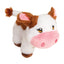 The SnugArooz Plush Squeaky Dog Toy by SnugArooz is shaped like a cow, featuring white and brown fur, a pink snout, large embroidered eyes with long lashes, and a tufted tail.