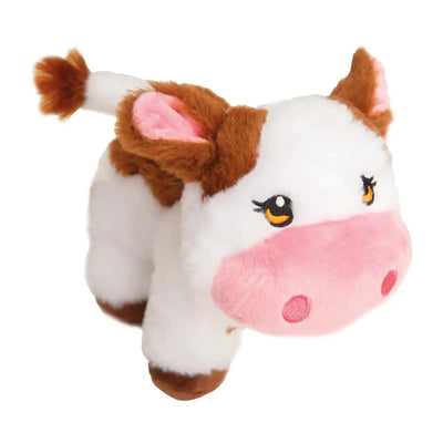 The SnugArooz Plush Squeaky Dog Toy by SnugArooz is shaped like a cow, featuring white and brown fur, a pink snout, large embroidered eyes with long lashes, and a tufted tail.