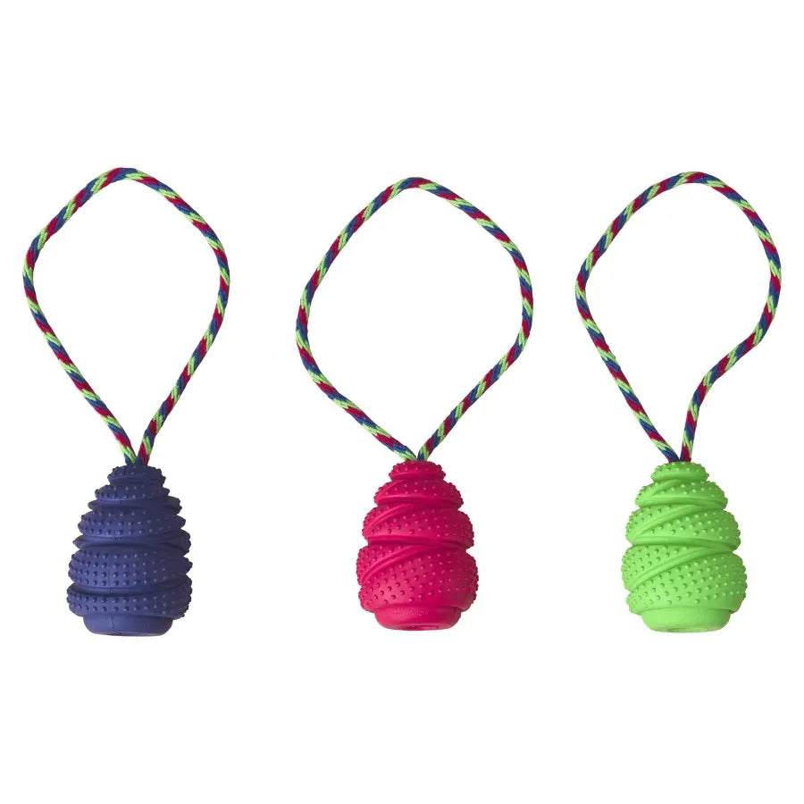 Spot Barrett Tough Tornado Tug Dog Toys by Spot come in navy blue, pink, and green with spiral grooves and multicolored rope loops. Made from durable all-natural rubber, they promote healthy chewing.