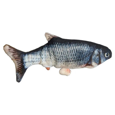 The Spot Flippin Fish Cat Toy 11.5 in by Spot features a realistic fish shape with detailed scales, a grayish-blue back, white belly, and orange fins—an interactive plush toy for cats, shown on a white background.