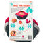Back of Spot Grill Time Puzzle Dog Toy package. Features a grill-shaped puzzle toy by Spot with three squeaky, crinkly food toys. Includes an illustration of a happy dog at play and a recommendation bubble.