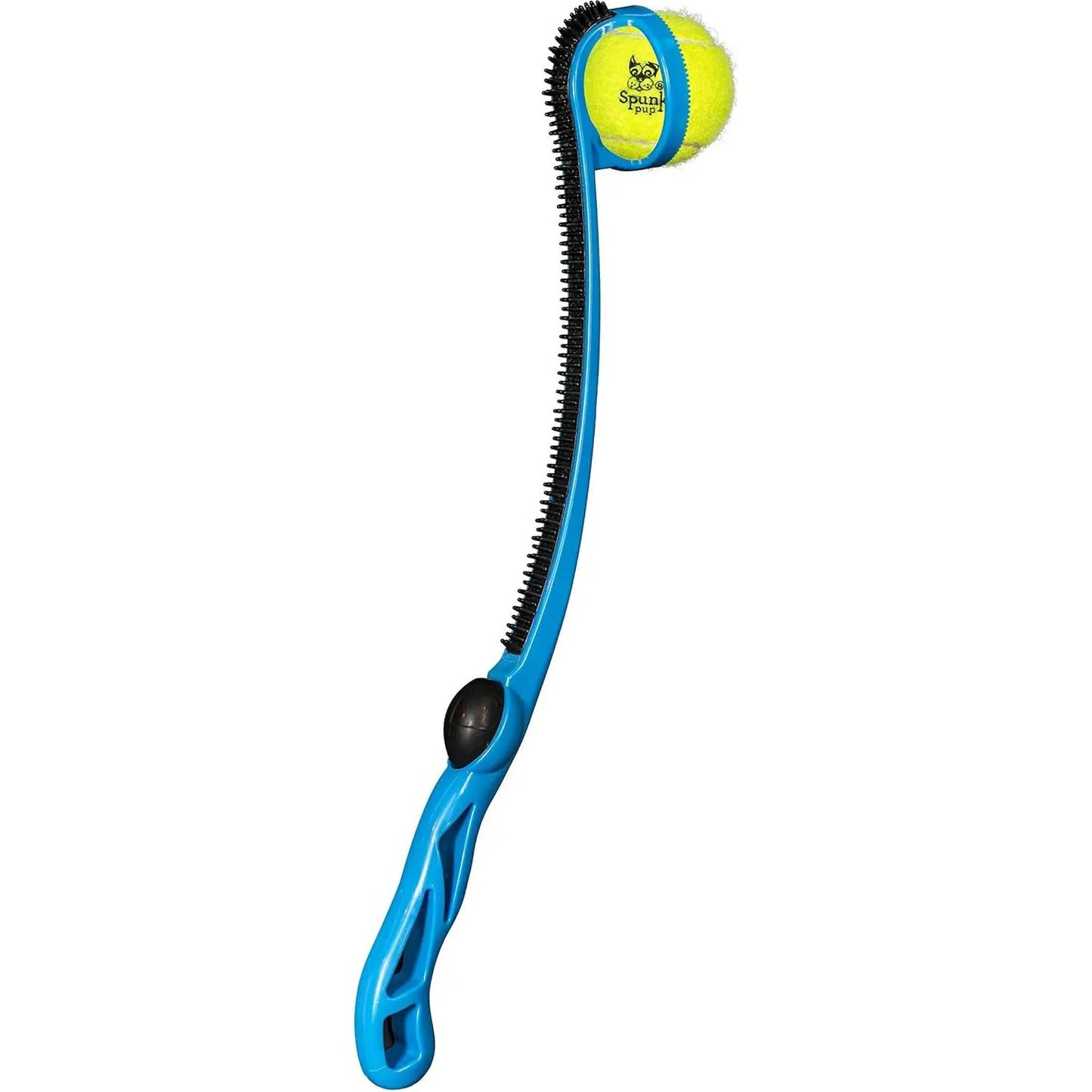 The Spunky Pup Squeak & Throw Ball Launcher for Dogs features a blue plastic body, curved handle, yellow tennis ball end, black bristle-textured grip for comfort, and hands-free ball pickup for clean playtime.