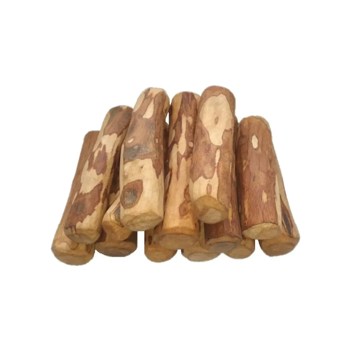 A stack of smooth, splinter-free Sustainable Olive Wood Dog Chew Sticks by Advance Pet Products, with a mix of light and dark brown hues, arranged on a white background.