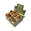 A display box holds Sustainable Olive Wood Dog Chew Sticks by Advance Pet Products—each splinter-free, natural stick is individually labeled and neatly arranged in a green and beige open box.