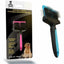 The Talis Us Double Sided Dog Grooming Brush for Shedding features black, pink, and blue accents, an ergonomic design for easy grooming, and comes in packaging with a dog image. Brand: Talis Us.