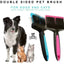 A black and white dog and two cats sit beside two Talis Us Double Sided Dog Grooming Brushes for Shedding, featuring ergonomic blue and pink handles. Text above reads: Talis Us Double Sided Grooming Brush for Dogs & Cats.