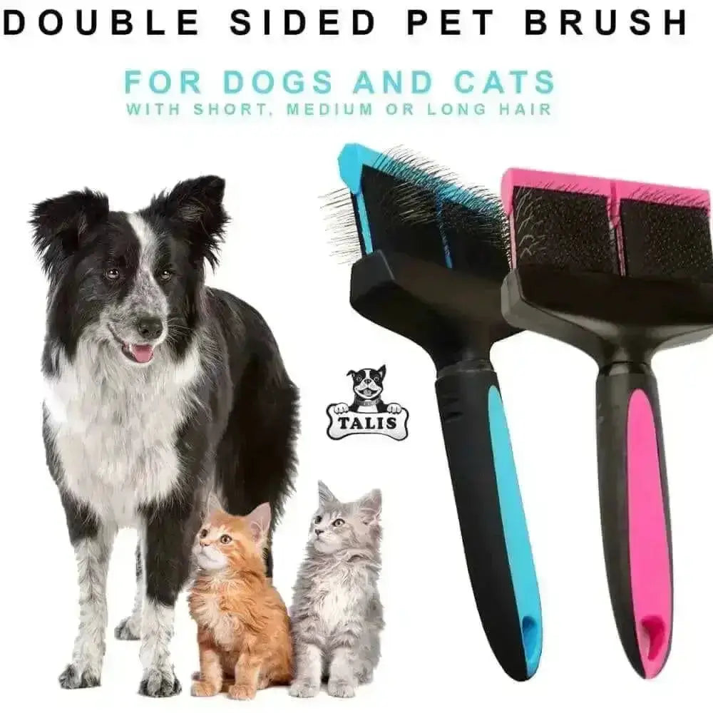 A black and white dog and two cats sit beside two Talis Us Double Sided Dog Grooming Brushes for Shedding, featuring ergonomic blue and pink handles. Text above reads: Talis Us Double Sided Grooming Brush for Dogs & Cats.