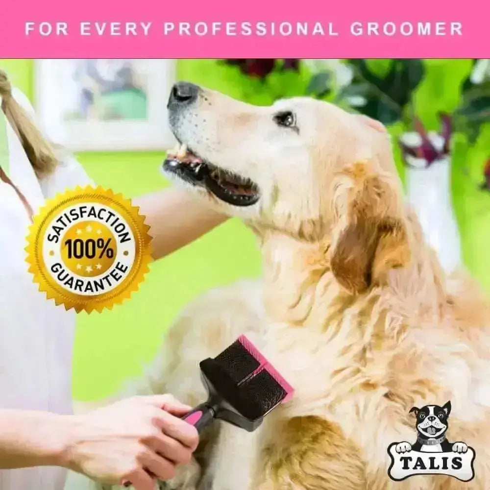A person brushes a happy golden retriever with the Talis Us Double Sided Dog Grooming Brush for Shedding. The green background features a 100% Satisfaction Guarantee badge, Talis Us logo, and For every professional groomer text.