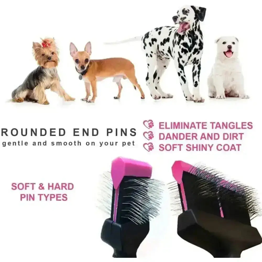 Four dogs are pictured above the Talis Us Double Sided Dog Grooming Brush for Shedding. Text highlights features: rounded end pins, removes tangles, eliminates dander and dirt, and creates a soft, shiny coat. Brand: Talis Us.