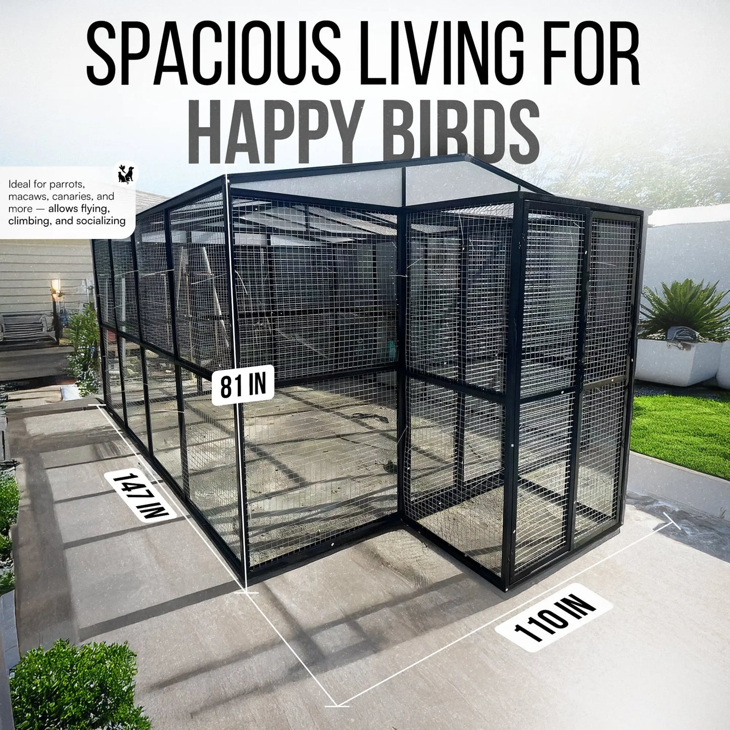 The talis-us Talis-us Large Outdoor Bird Aviary Walk-In Iron Mesh Cage with Double Doors features a sturdy frame, measures 147 L x 110 W x 81 H, and adds modern style to any concrete patio with lush plants and secure double-door access.