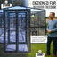 The talis-us Talis-us Large Outdoor Bird Aviary Walk-In Iron Mesh Cage with Double Doors has a sturdy frame and weather-resistant build. Birds enjoy outdoor space, while a man smiles inside. Text highlights its double-door safety system.