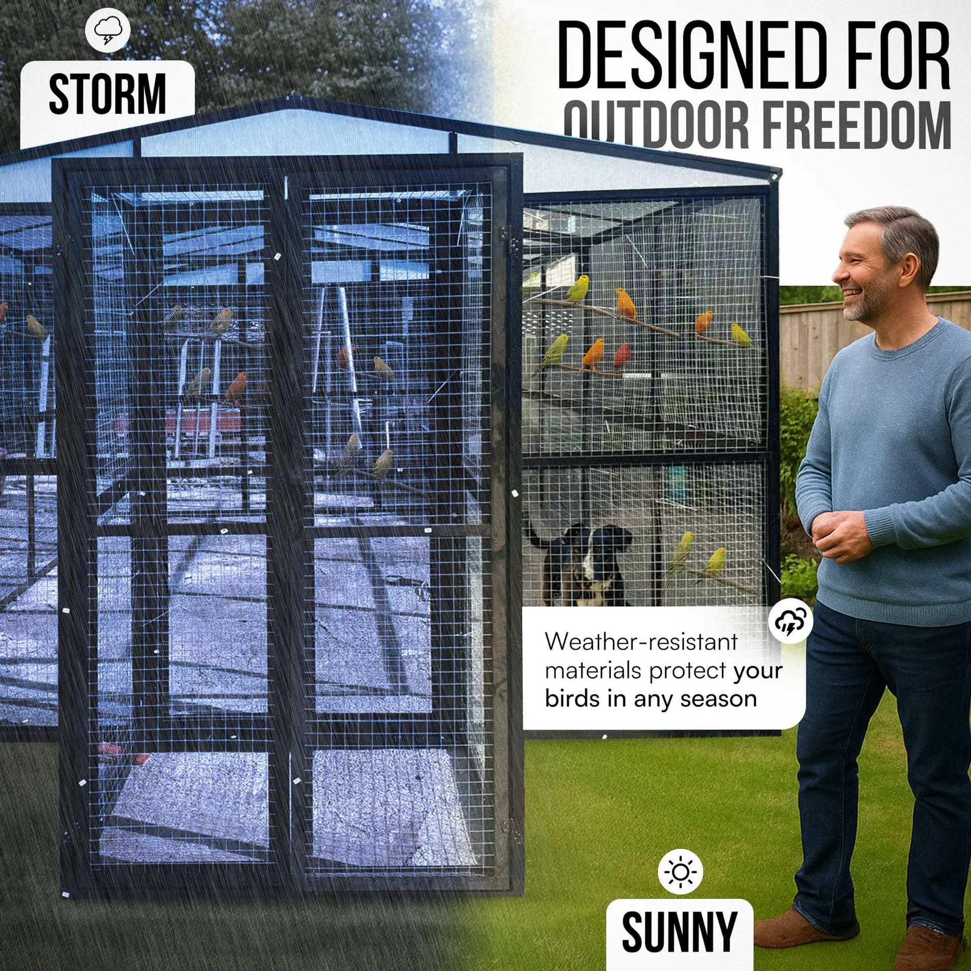The talis-us Talis-us Large Outdoor Bird Aviary Walk-In Iron Mesh Cage with Double Doors has a sturdy frame and weather-resistant build. Birds enjoy outdoor space, while a man smiles inside. Text highlights its double-door safety system.