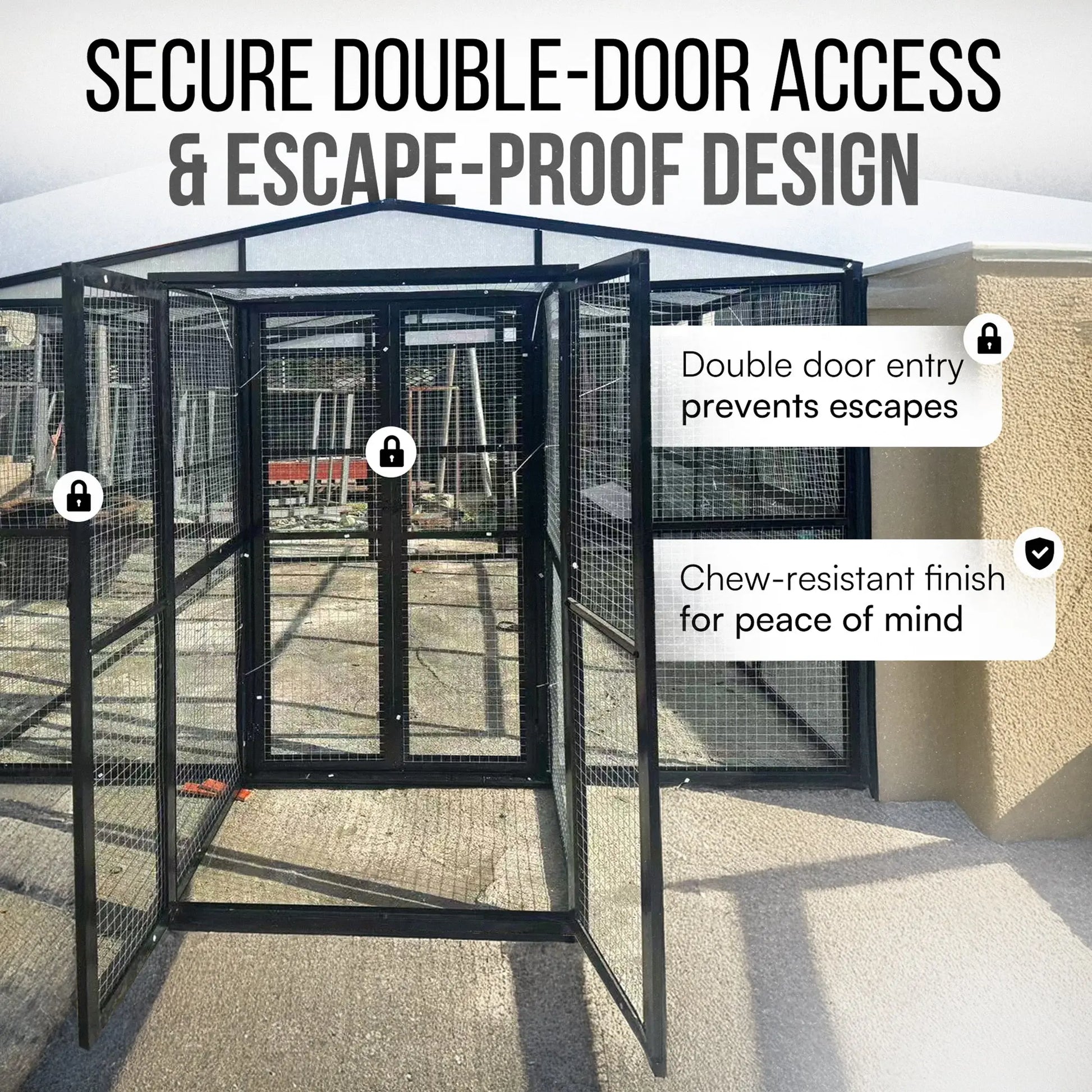 The talis-us Talis-us Large Outdoor Bird Aviary Walk-In Iron Mesh Cage features sturdy double doors and chew-resistant iron mesh for safety and escape prevention, offering peace of mind in any outdoor setting.