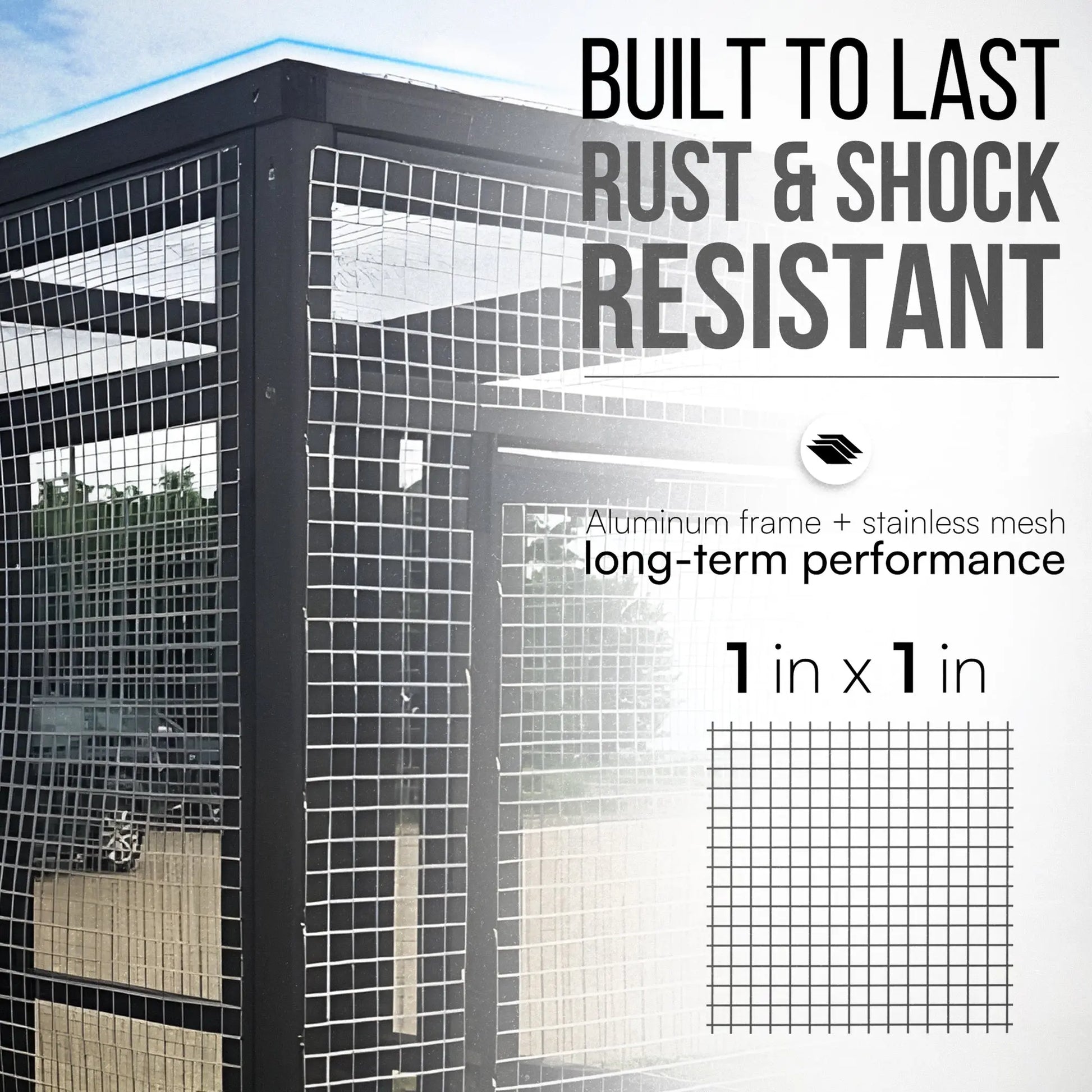 The talis-us Talis-us Large Outdoor Bird Aviary Walk-In Iron Mesh Cage features a sturdy iron frame and mesh for lasting, rust- and shock-resistant performance. Includes double doors and a close-up of its 1 in x 1 in mesh grid.