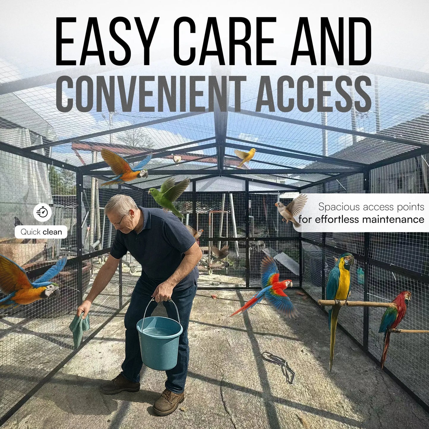 A man cleans the talis-us Talis-us Large Outdoor Bird Aviary Walk-In Iron Mesh Cage with Double Doors as parrots fly around. Text: Easy Care and Convenient Access with icons for fast cleaning and maintenance.
