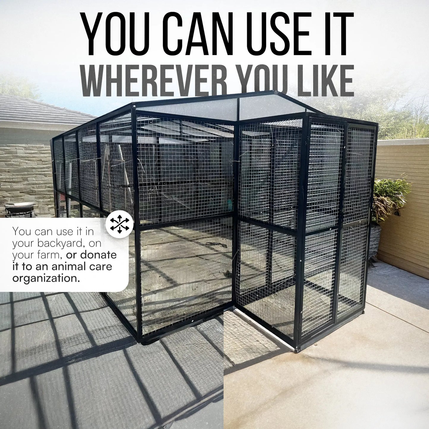 The Talis-us Large Outdoor Bird Aviary Walk-In Iron Mesh Cage with Double Doors by talis-us features a sturdy frame for placement on concrete or sand, double doors for flexible entry, and is ideal for use surrounded by walls or greenery.