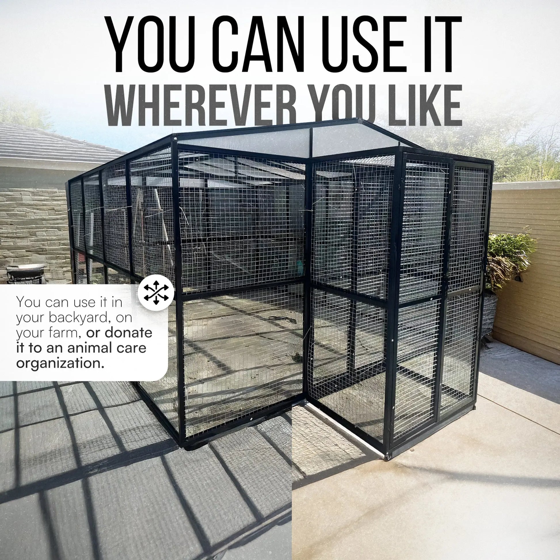 The Talis-us Large Outdoor Bird Aviary Walk-In Iron Mesh Cage with Double Doors by talis-us features a sturdy frame for placement on concrete or sand, double doors for flexible entry, and is ideal for use surrounded by walls or greenery.