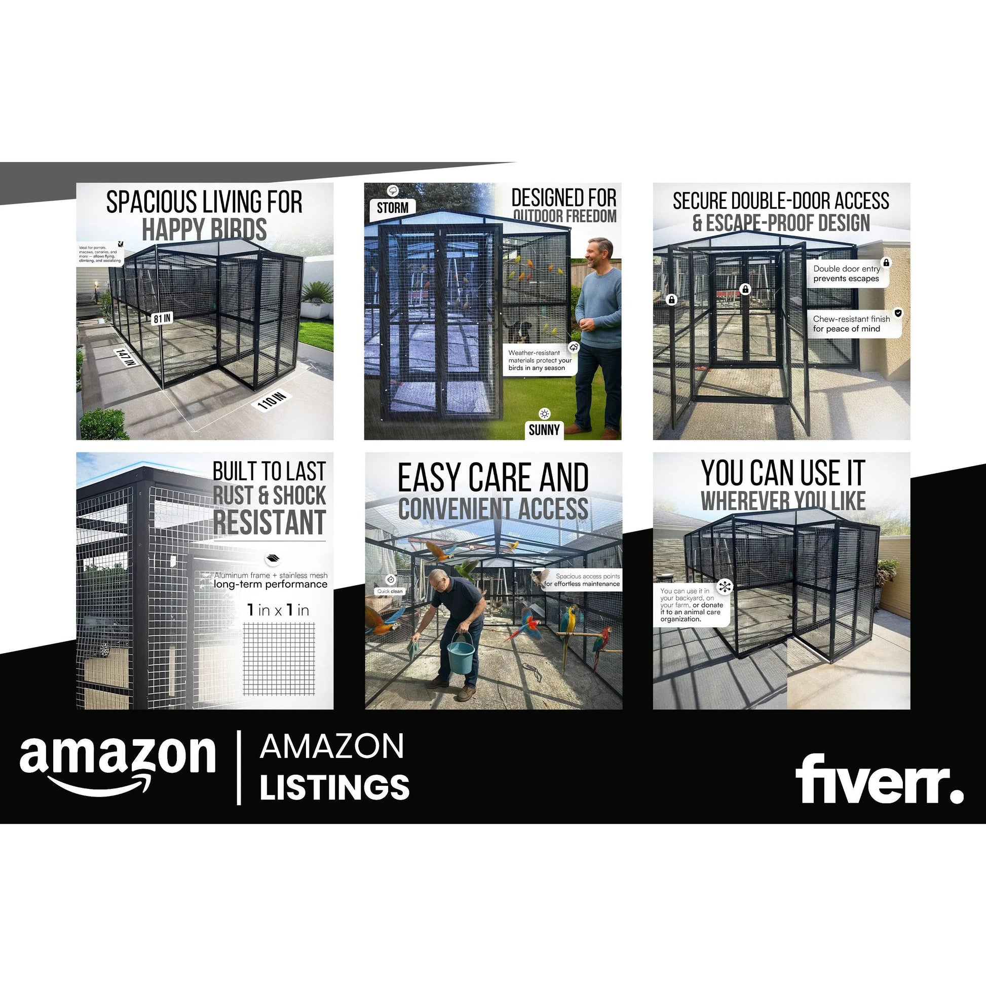 A six-panel Amazon listing for the talis-us Talis-us Large Outdoor Bird Aviary Walk-In Iron Mesh Cage with Double Doors, highlighting its spacious interior, durable iron mesh, escape-proof double doors, easy access, and portability. Amazon and Fiverr logos shown.