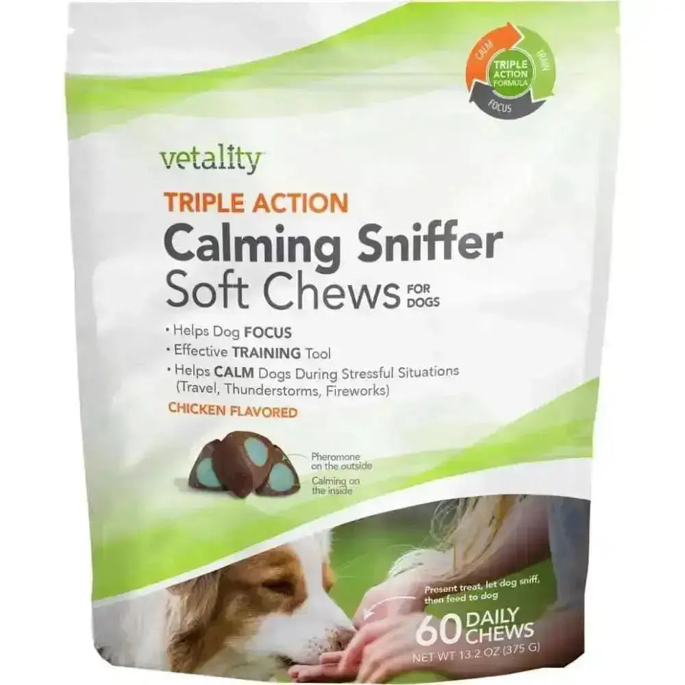 Tevra Brands Triple Action Calming Soft Chews for Dogs in Chicken Flavor, ideal for stress relief