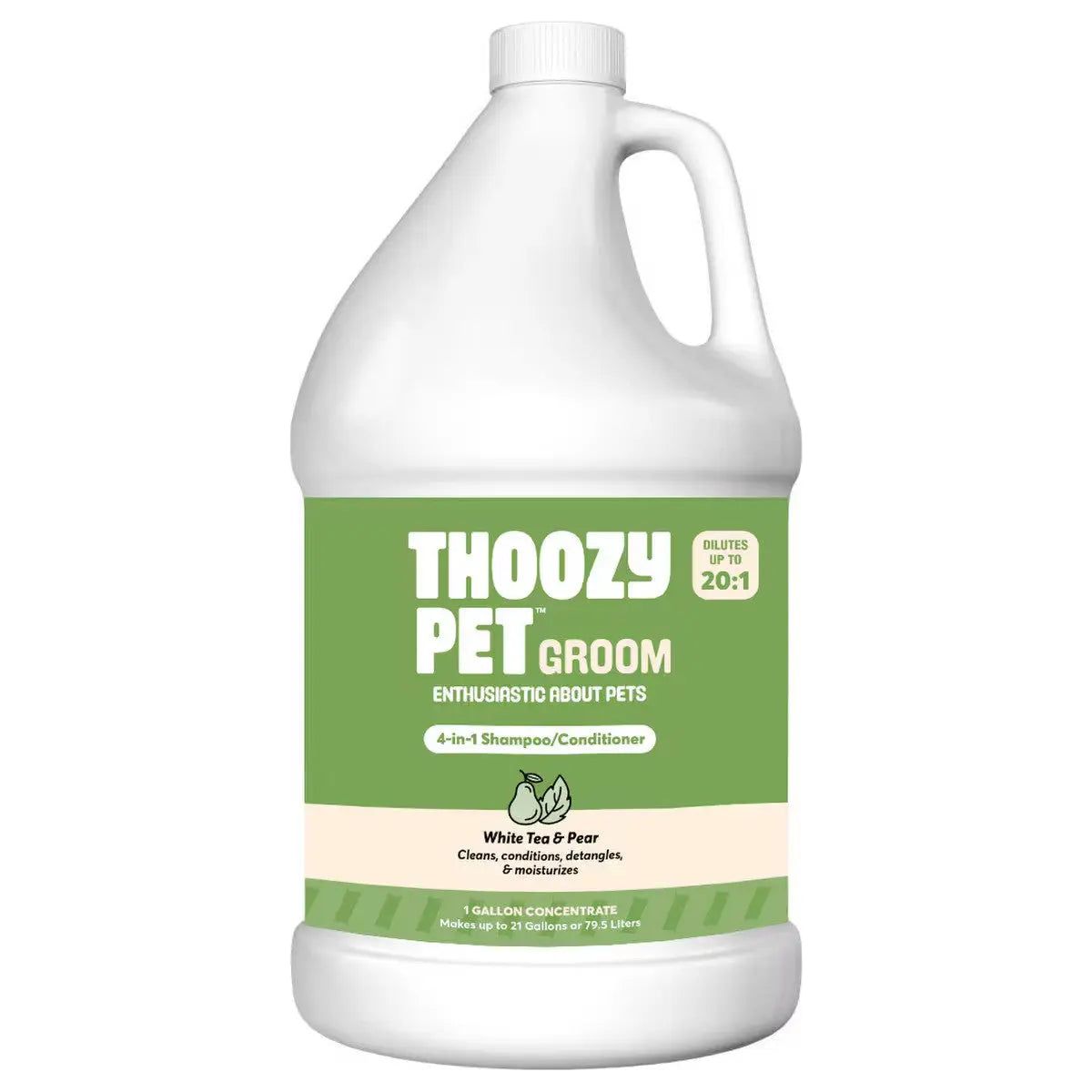 The ThoozyPet 4-in-1 Shampoo/Conditioner White Tea & Pear by ThoozyPet cleans, conditions, detangles, and moisturizes pets; its formula can be diluted up to 20:1 for longer use and features a refreshing White Tea & Pear scent.