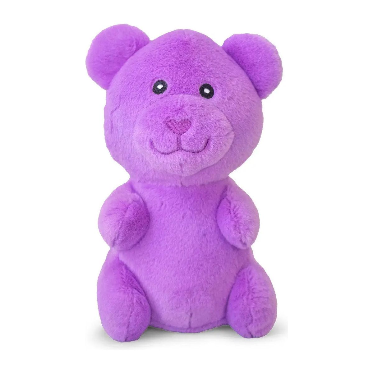 The ThoozyPet Gummy Bear Plush Dog Toy by ThoozyPet is a soft, purple plush with round ears, black eyes, a heart-shaped nose, and a stitched smile—ideal as a cuddly toy or gentle chew for your dog.