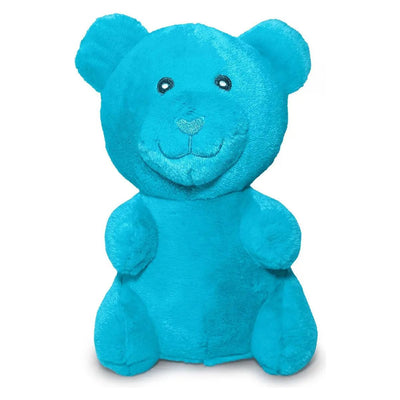 The ThoozyPet Gummy Bear Plush Dog Toy by ThoozyPet is a bright blue teddy bear with a smiling face, round ears, and stitched features, shown sitting upright against a white background.