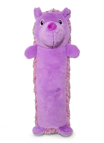 The ThoozyPet Hedgehog Plush Dog Toy 13 by ThoozyPet is a purple, rectangular plush dog toy with a round snout, smiling face, small ears, and short limbs, designed to squeak and shaped like a hedgehog.