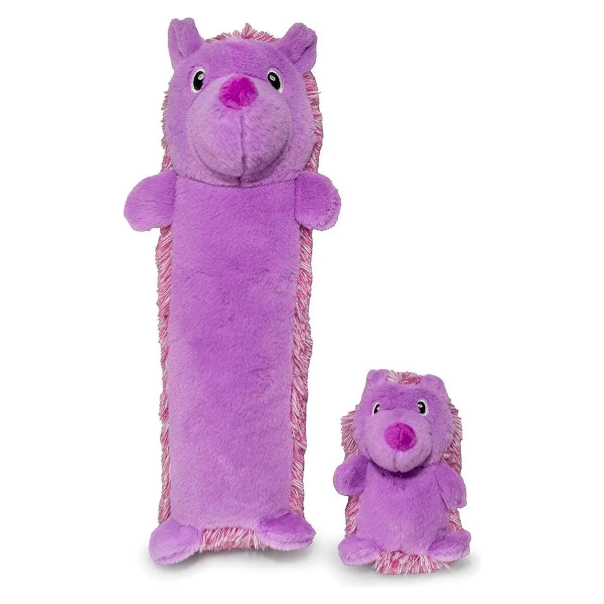 Two ThoozyPet Hedgehog Plush Dog Toys (13) by ThoozyPet are pictured on a white background—one large and rectangular, one smaller and rounder; both feature purple plush, pink noses, and smiling faces.