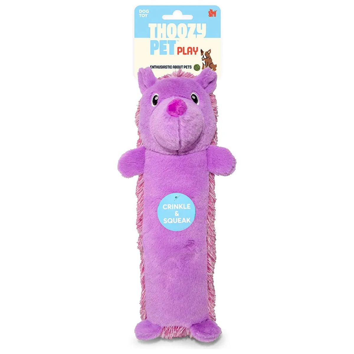 The ThoozyPet Hedgehog Plush Dog Toy 13 is a soft squeaky dog toy with crinkle and squeak features, shown in its packaging with a Crinkle & Squeak sticker on the belly. Brand: ThoozyPet.