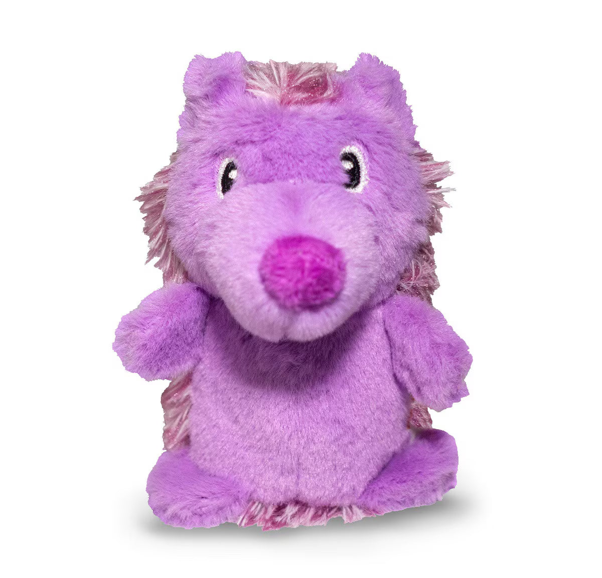 The ThoozyPet Hedgehog Plush Dog Toy 13 features bright purple fur, a round nose, black and white eyes, and soft textured spikes—perfect as a squeaker toy for playful pups.