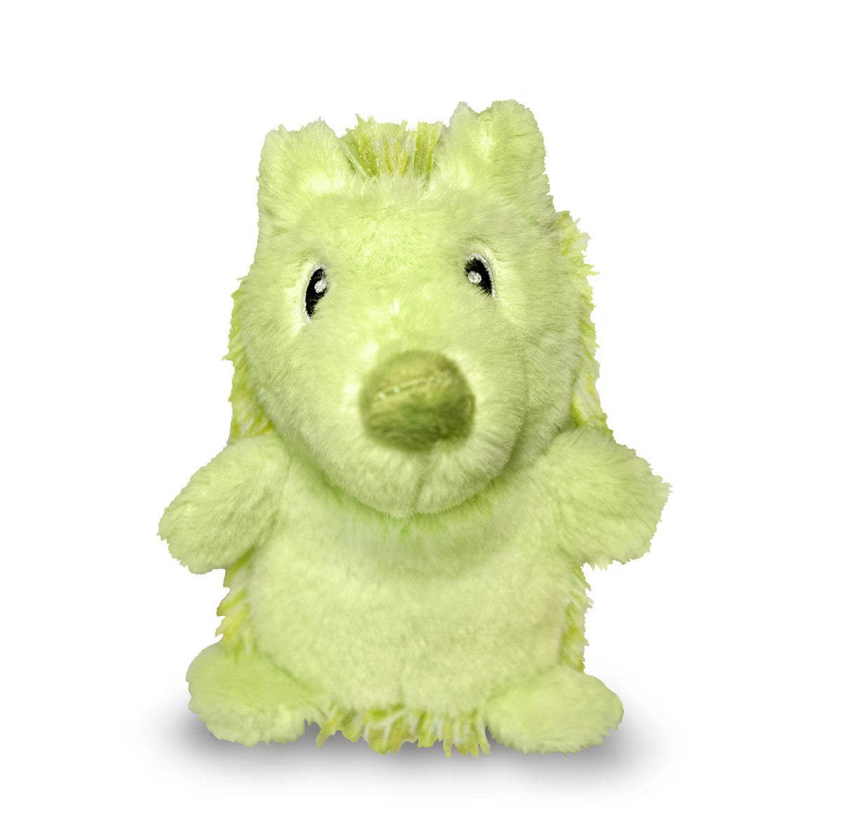 The ThoozyPet Hedgehog Plush Dog Toy 13 features a light green color, round black eyes, a large round nose, and small arms, shown on a white background.
