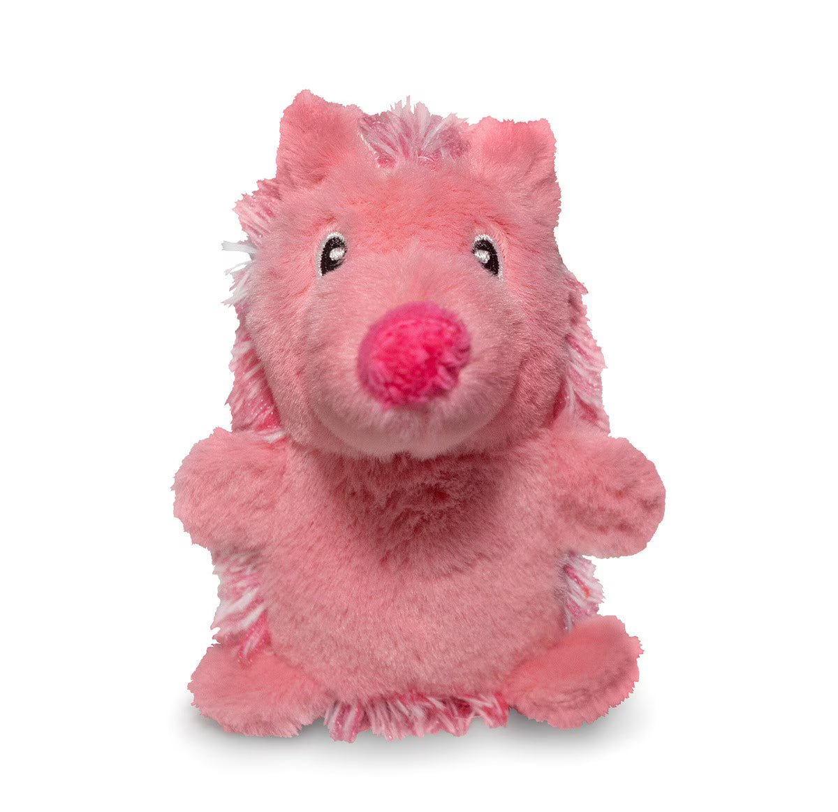 The ThoozyPet Hedgehog Plush Dog Toy 13 in pink features a large round nose, black and white eyes, and soft fur—an adorable squeaker toy from ThoozyPet for playful pets.