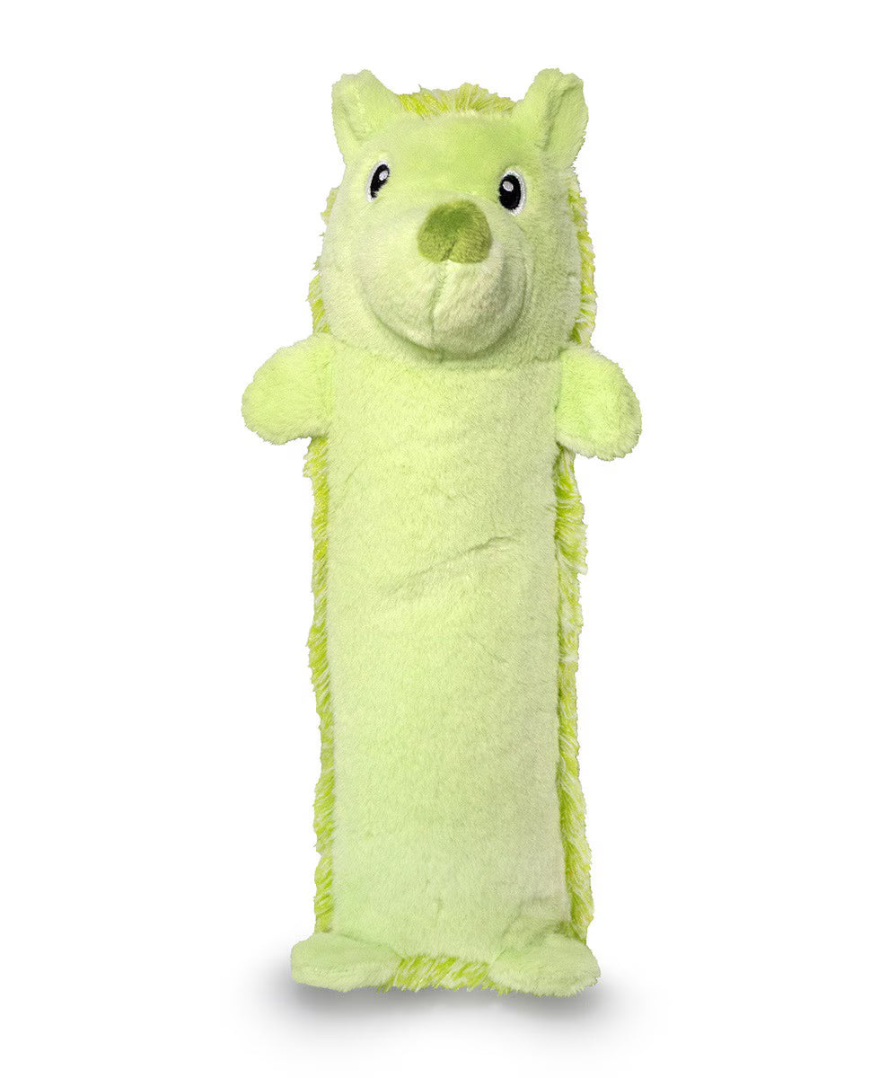 The ThoozyPet Hedgehog Plush Dog Toy 13 by ThoozyPet features a light green color, rounded head, smiling face, small ears, arms and feet, a long rectangular crinkle body with fuzzy edges, and stands upright.
