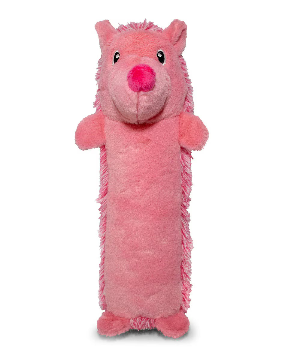 The ThoozyPet Hedgehog Plush Dog Toy 13 features a pink rectangular body, round head, big pink nose, small black eyes, and short arms standing upright against a white background.