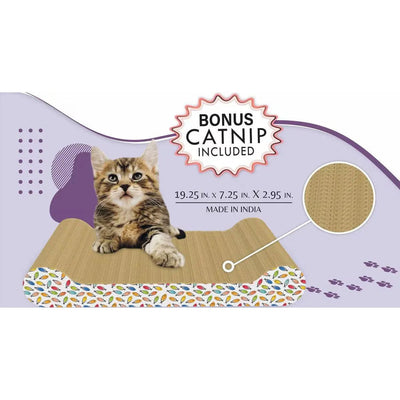 A tabby kitten rests on the ThoozyPet Paw Lounge Cat Scratcher by ThoozyPet, made from recycled cardboard with a colorful leaf pattern. Text: BONUS CATNIP INCLUDED. Dimensions: 19.25 x 7.25 x 2.95 in. Close-up shows textured surface.