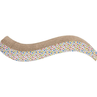 The ThoozyPet Shallow Wave Cat Scratcher by ThoozyPet is an eco-friendly, wavy brown scratcher crafted from recycled cardboard with vibrant feather patterns on the sides.