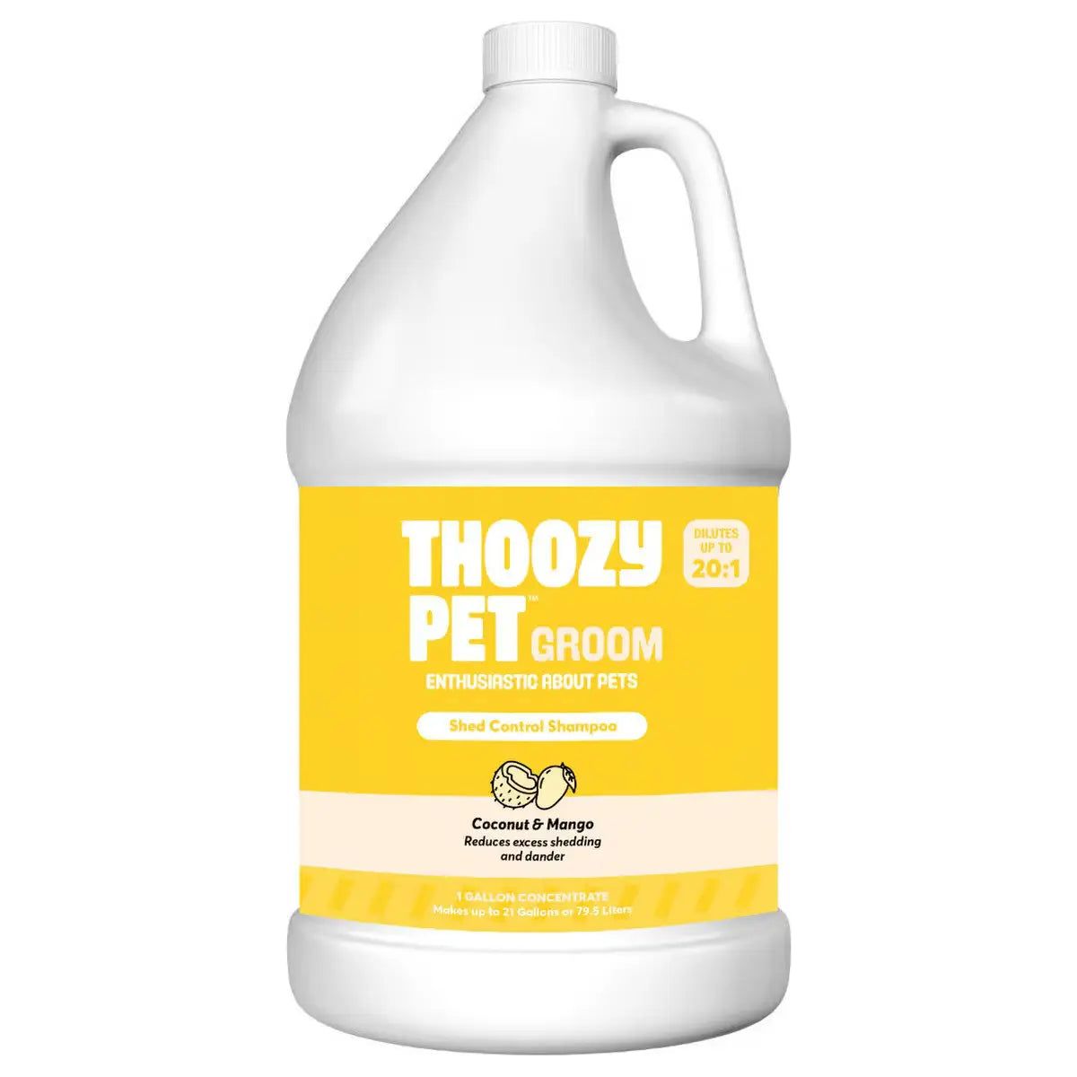 A white gallon jug of ThoozyPet Shed Control Shampoo Coconut & Mango, by ThoozyPet, with a yellow label featuring graphics and text for reducing shedding and dander.