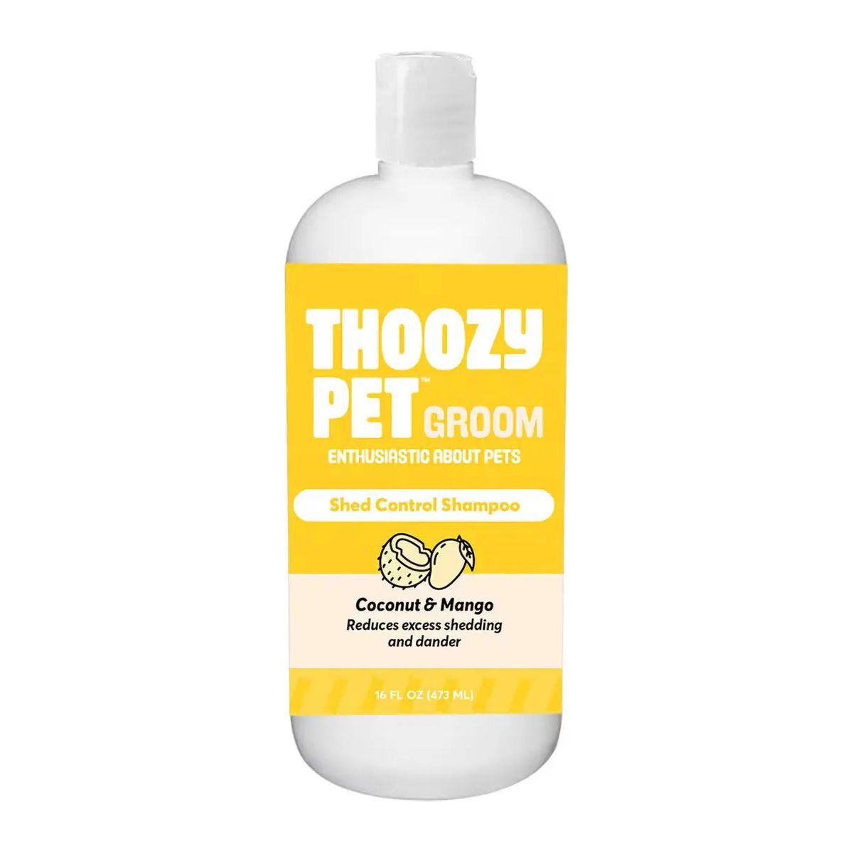A 16 fl oz (473 mL) white bottle of ThoozyPet Shed Control Shampoo Coconut & Mango features coconut and mango images on its yellow label. Text notes it helps reduce shedding and dander.