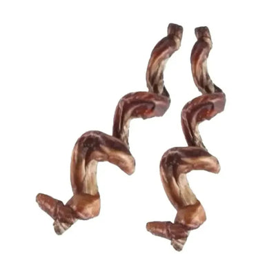 Two twisted brown ThoozyPet USA-Sourced Beef Bully Flosser Dog Chews (6-9, 15ct) are placed side by side on a white background.