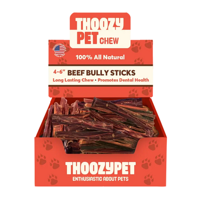 A box labeled ThoozyPet USA-Sourced Beef Bully Stick Dog Chews contains 4-6 inch treats. The packaging highlights 100% all natural, long-lasting chews that promote dental health for dogs.