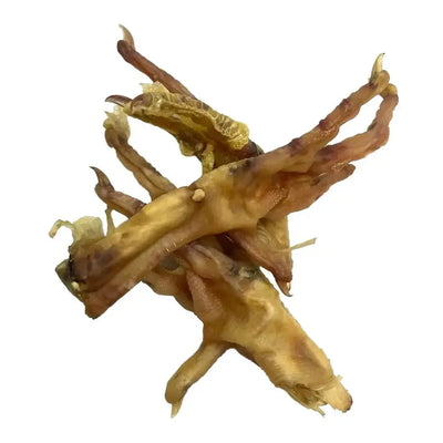 ThoozyPet USA-Sourced Chicken Feet Dog Chews 20ct feature naturally twisted, brownish-yellow chews with visible claws and rough texture—ideal for supporting dental health. Shown layered against a plain white background.
