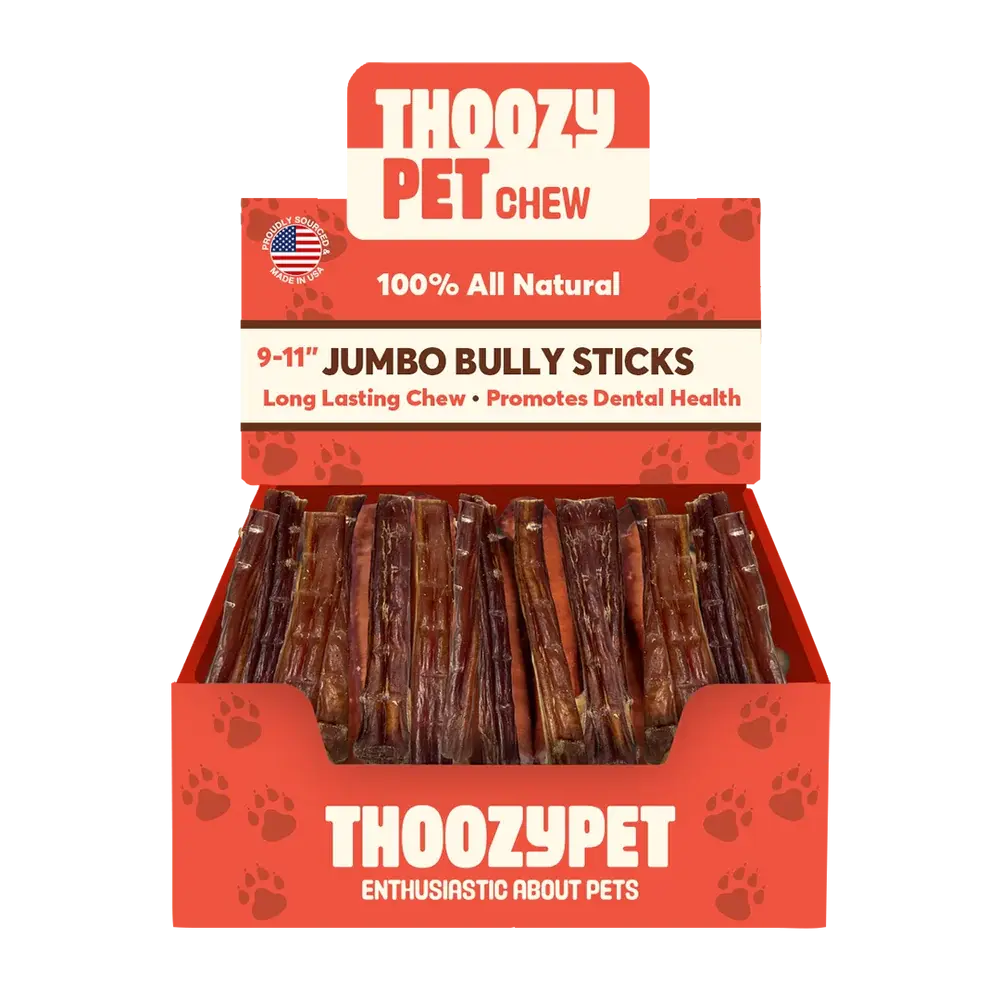 A display box labeled ThoozyPet holds several USA-sourced Jumbo Beef Bully Stick Dog Chews, featuring 100% all natural ingredients, long-lasting chew, and dental health benefits for pets.