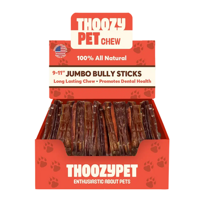 A display box labeled ThoozyPet holds several USA-sourced Jumbo Beef Bully Stick Dog Chews, featuring 100% all natural ingredients, long-lasting chew, and dental health benefits for pets.